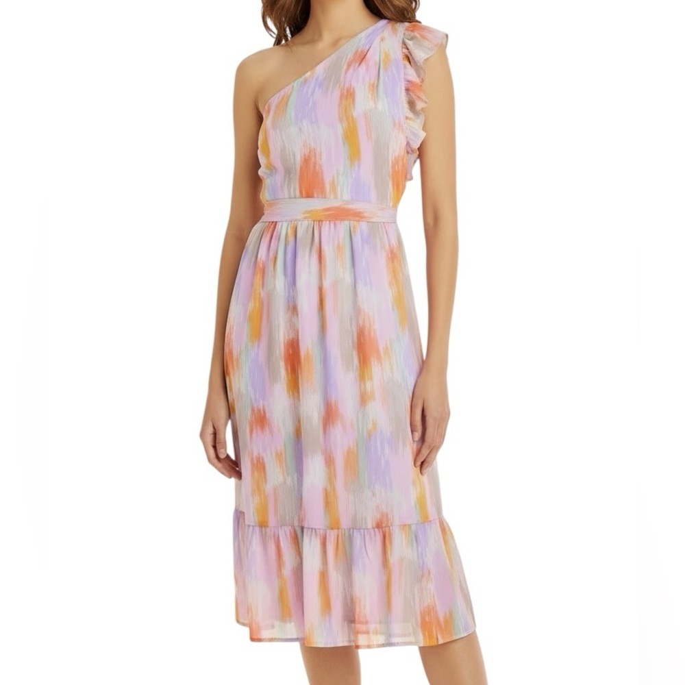 NWT AQUA Abstract Multicolor One Shoulder Ruffle Hem Lined Dress Size Large